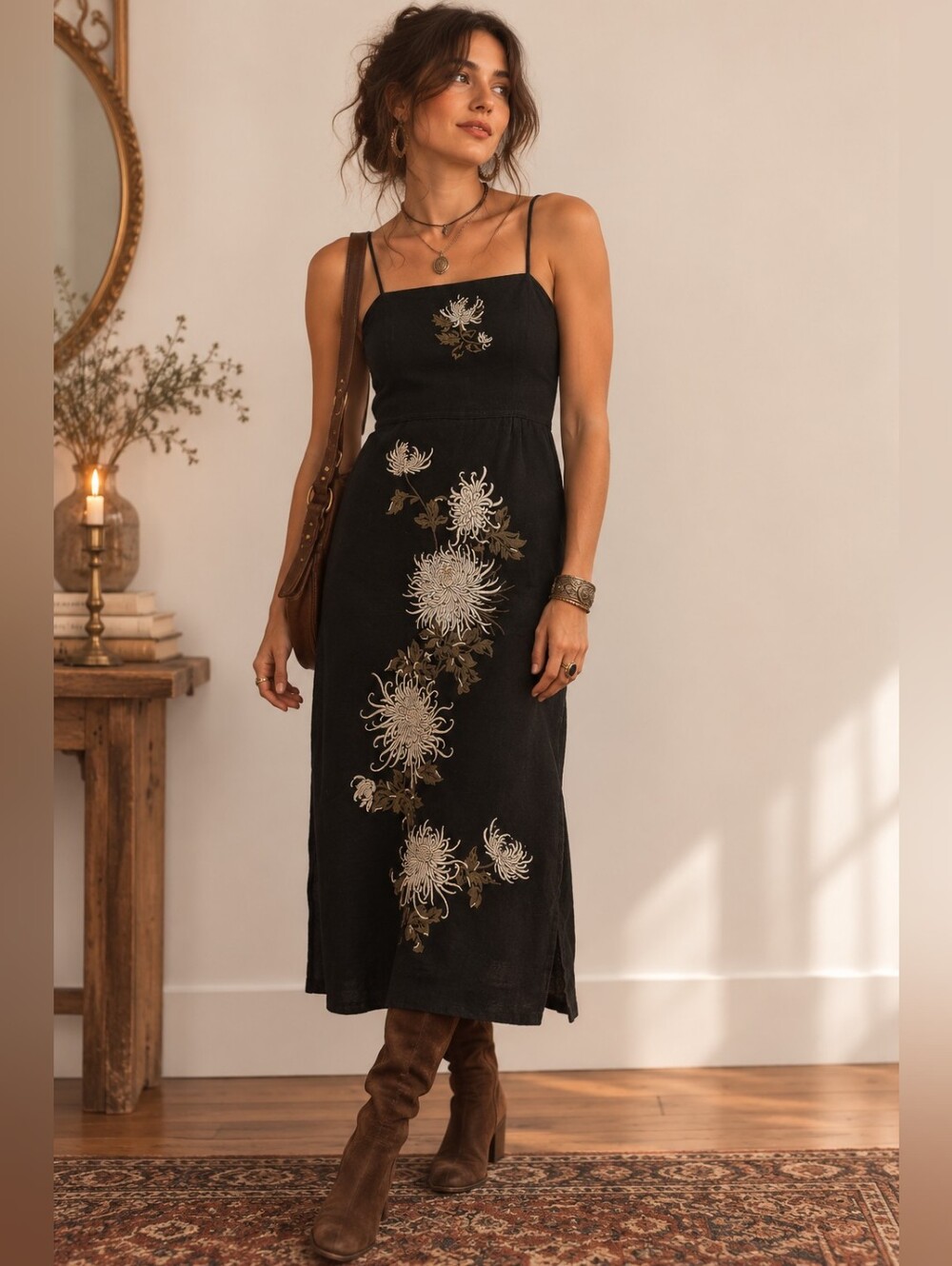 Vintage 90s Dark Romance Japanese Floral Hand Beaded Black linen Midi Dress S/M - Picture 2 of 16